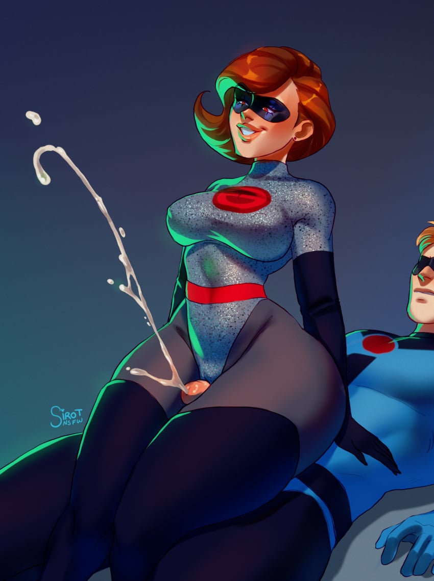 1boy 1girls 2021 alternate_costume brown_hair canon_couple cum cumshot disney elastigirl elastigirl_(the_incredibles_2_supersuit) female female_focus helen_parr hi_res lying lying_on_back male mask mr._incredible narrowed_eyes penis penis_between_thighs robert_parr sirot_nsfw sitting sitting_on_person smooth_skin smug the_incredibles the_incredibles_2 thick_thighs thigh_sex thighjob