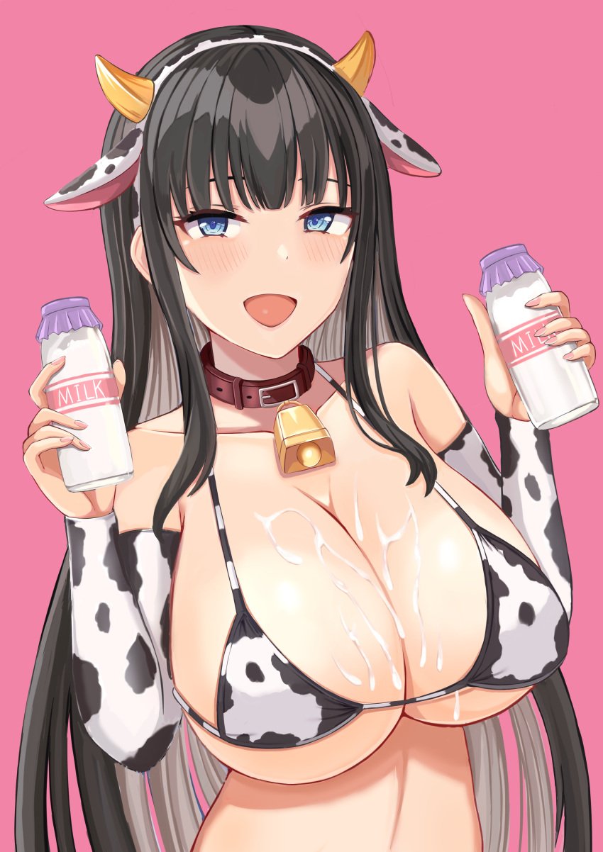 absurdres animal_ears animal_print bangs bell bikini black_hair blue_eyes blush bottle breasts cleavage collarbone cow_girl cow_print cowbell detached_sleeves fake_animal_ears female highres holding holding_bottle huge_breasts kevin5573 looking_at_viewer milk_bottle original pink_background print_bikini print_sleeves sexually_suggestive simple_background smile solo suggestive_fluid swimsuit upper_body