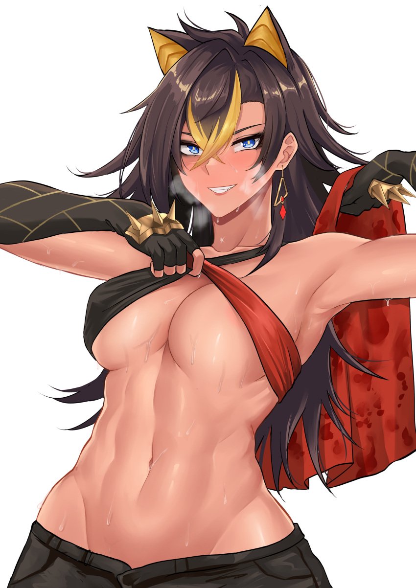 1girls areola_slip armpits armwear belly belly_button big_breasts black_hair blue_eyes breasts dark-skinned_female dark_hair dark_skin dehya_(genshin_impact) deroo female female_only fit fit_female genshin_impact heavy_breathing hips holding_towel horny horny_female huge_breasts large_breasts mouth_open pulling_clothing spiked_knuckles sweat sweating sweaty sweaty_belly tagme tan_skin thick tummy wet_towel white_background yellow_hair_streak yellow_striped_hair