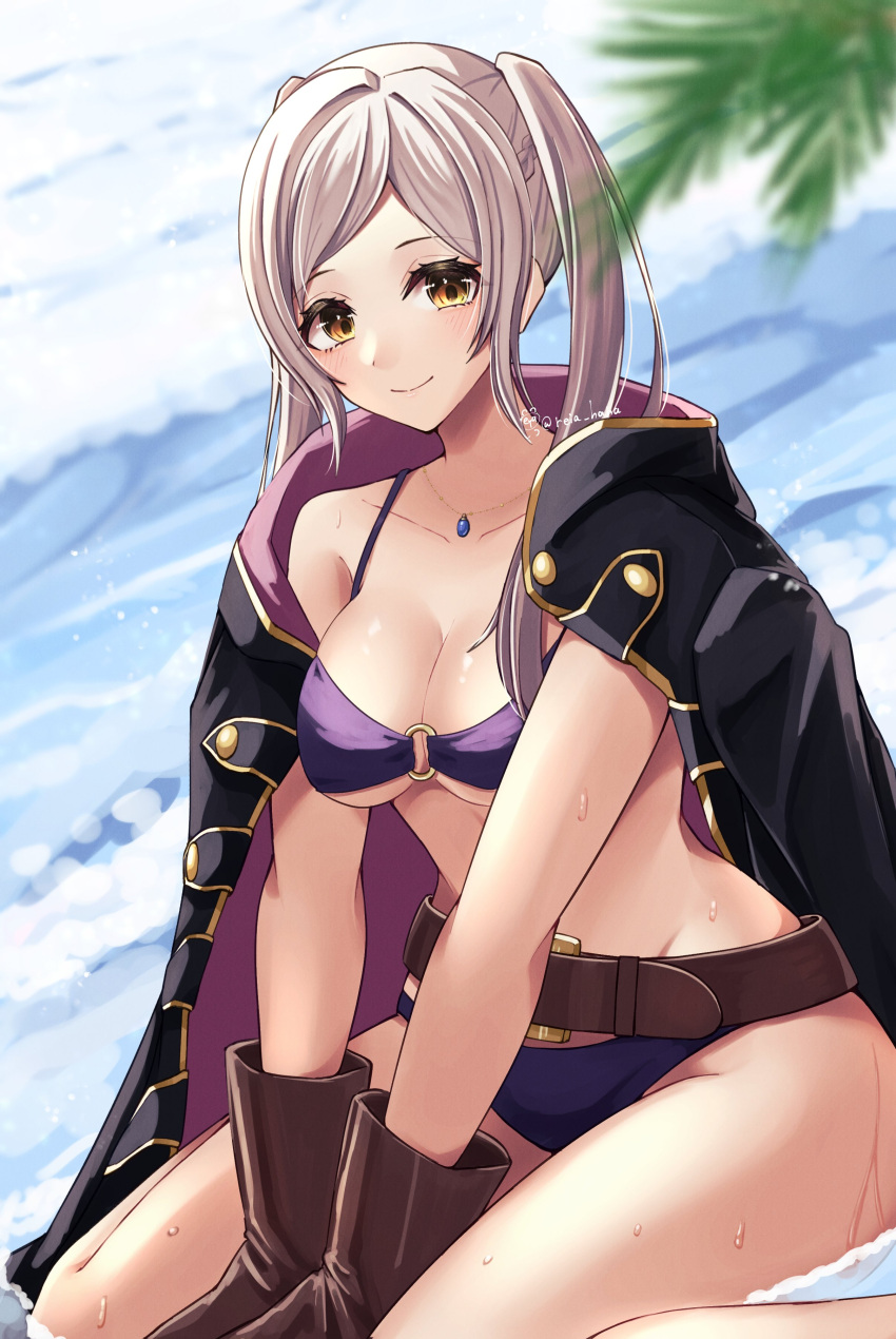 1girls absurdres alternate_costume bare_shoulders belt bikini blurry breasts brown_eyes brown_gloves cleavage depth_of_field female female_only fire_emblem fire_emblem_awakening fire_emblem_heroes gloves grey_hair groin highres jewelry large_breasts long_hair long_sleeves necklace nintendo o-ring o-ring_bikini official_alternate_costume palm_tree purple_bikini purple_swimsuit reia_hana robe robin_(female)_(summer)_(fire_emblem) robin_(fire_emblem) robin_(fire_emblem)_(female) sitting smile solo swimsuit tree twintails underboob wariza water