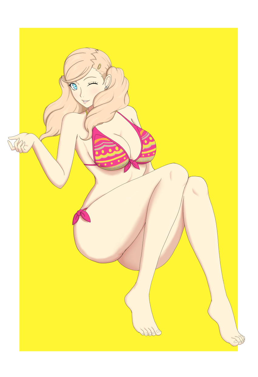 ann_takamaki ass big_ass big_breasts bikini blonde_female blonde_hair blue_eyes blush breasts cleavage eyewear_on_head fat_ass large_breasts nahone_peko persona persona_5 smile swimsuit teenager thick_thighs thin_waist twintails wide_hips