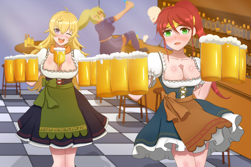 1boy 3girls alcohol beer beer_mug big_breasts blonde_hair blush blushing checkered_floor cleavage dirndl faceless_female faceless_male green_eyes high_ponytail indoors long_hair nekkroz7 oktoberfest ponytail pyrrha_nikos red_hair rwby sidelocks tagme wink yang_xiao_long