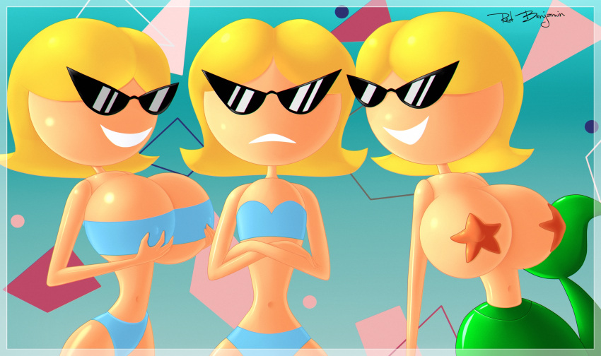 3girls 4_fingers arms_crossed big_breasts blonde_hair breast_envy crossed_arms crossing_arms disney female flat_chest groping groping_breasts groping_own_breasts hands_on_breasts hands_on_own_breasts knick_knack mermaid pixar redbenjamin small_breasts starfish_bra sunglasses sunny_atlantis sunny_miami tagme