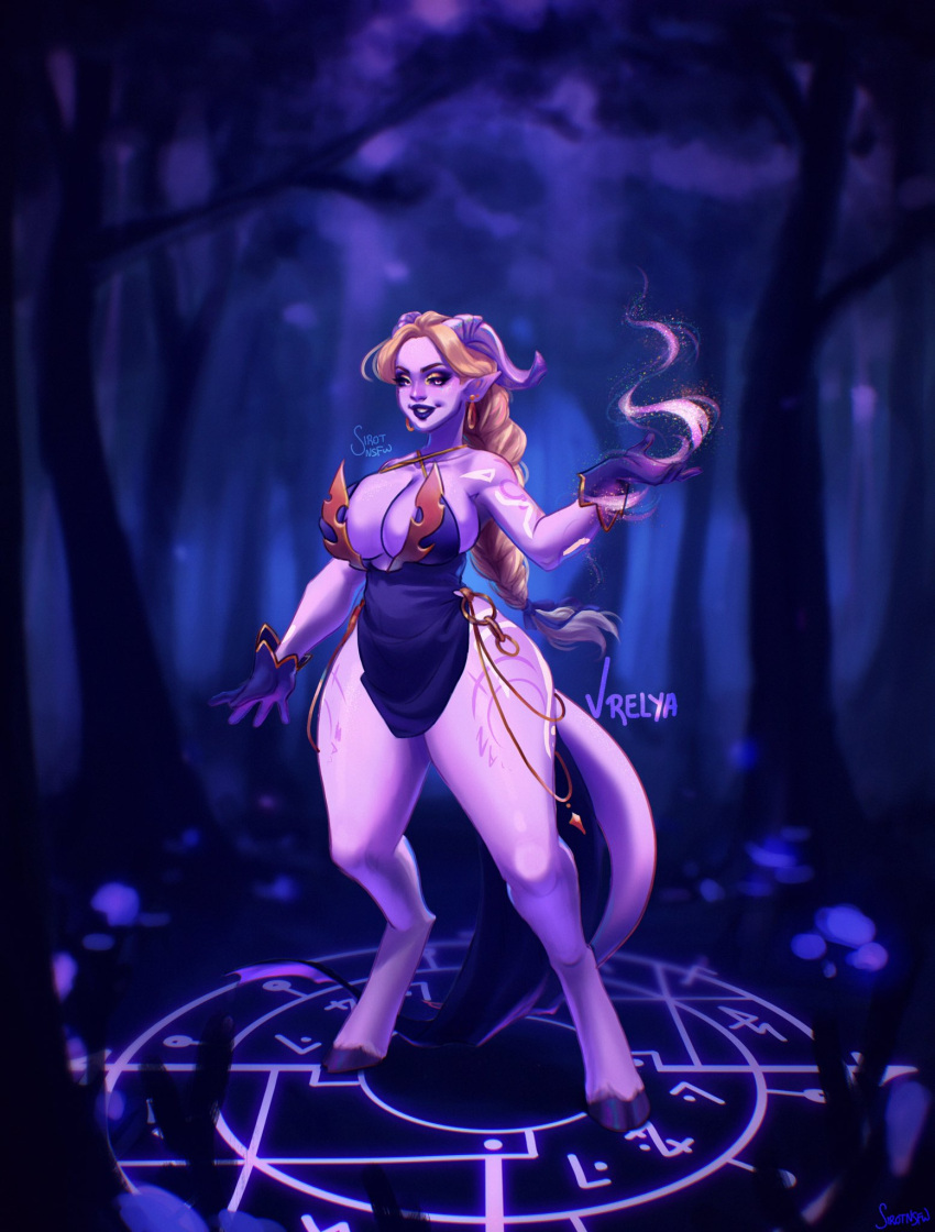 1girls 2021 big_breasts blizzard_entertainment blonde_hair braid commission detailed_background draenei dress female female_only forest forest_background full_body hi_res hooves horns lightforged_draenei long_hair pointy_ears purple_skin sirot_nsfw solo solo_female summoning_circle tail thick_thighs vrelya warcraft world_of_warcraft