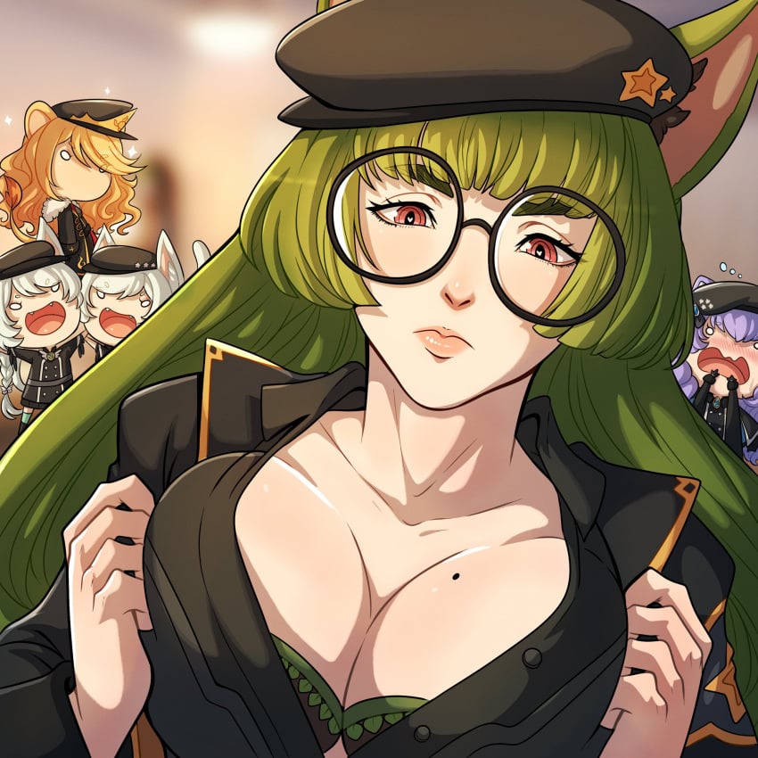 5girls big_breasts blurry_background blush breasts_pressed_together cat_ears cat_tail catgirl cleavage female female_only gemi_(kinkymation) glasses green_hair hat heart-shaped_pupils hi_res kansa_(kinkymation) kinkymation leah_(kinkymation) long_hair mole mole_on_breast mouthless nina_(kinkymation) no_mouth orange_hair purple_hair red_eyes round_glasses virginia_(kinkymation) white_hair zodicat