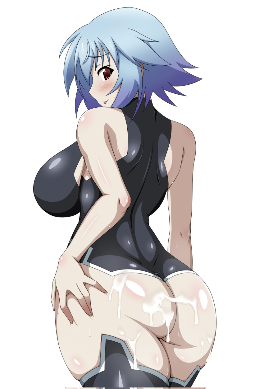 :p ass ass_grab black_leotard blue_hair breasts cum cum_on_ass deep_skin female from_behind grabbing_own_ass hand_on_own_ass hands_on_ass highres infinite_stratos large_breasts leotard looking_at_viewer looking_back red_eyes sarashiki_tatenashi shiny shiny_clothes shiny_hair shiny_skin short_hair simple_background skin_tight solo space_gorilla standing sweat tongue tongue_out white_background