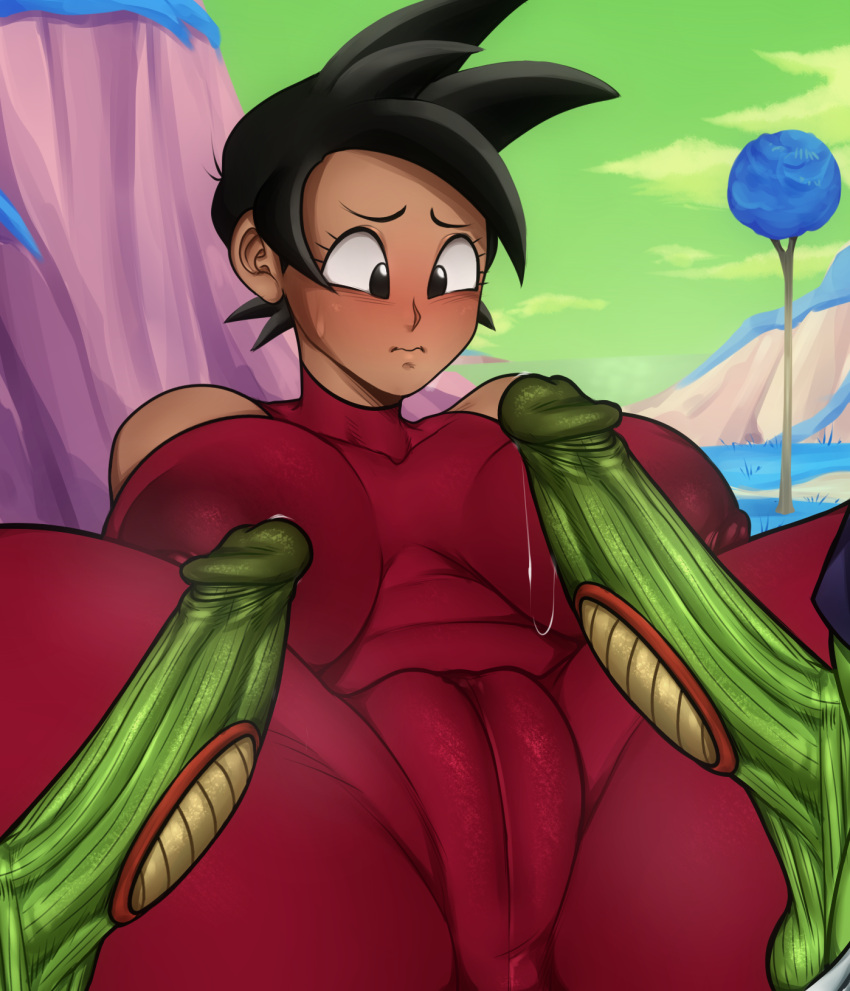 1girls 2boys balls big_breasts bodysuit breasts detnox dragon_ball dragon_ball_z erect_penis female huge_breasts male namekian original_character penis saiyan short_hair skin_tight skindentation spread_legs testicles thick_thighs tomboy tufura_(detnox)