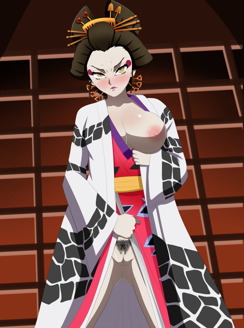 1girls daki_(kimetsu_no_yaiba) demon_slayer ed-jim exhibitionism exposed_ass exposed_breasts exposed_nipples exposed_pussy female female_only kimetsu_no_yaiba kimono nihongami oiran pale_skin pubic_hair pussy