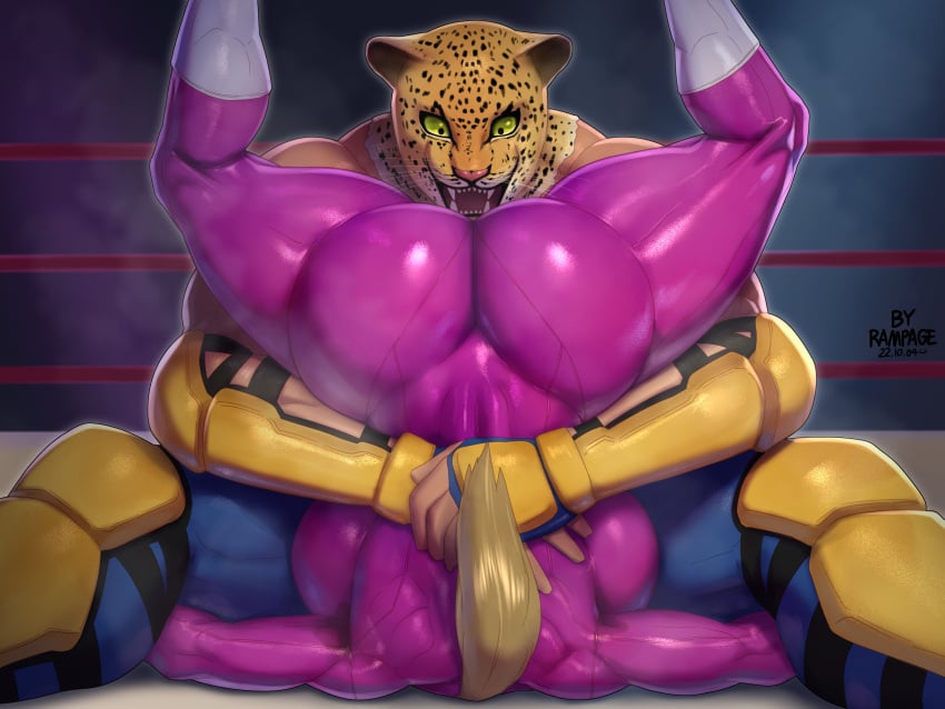 1boy 1girls ass backboob big_ass big_breasts big_butt bodysuit breasts butt female fighting fighting_ring huge_ass huge_breasts huge_butt king_(tekken) latex_suit long_hair mask muscular_male nina_williams ponytail rampage0118 shiny_clothes shiny_skin tekken thick_ass voluptuous