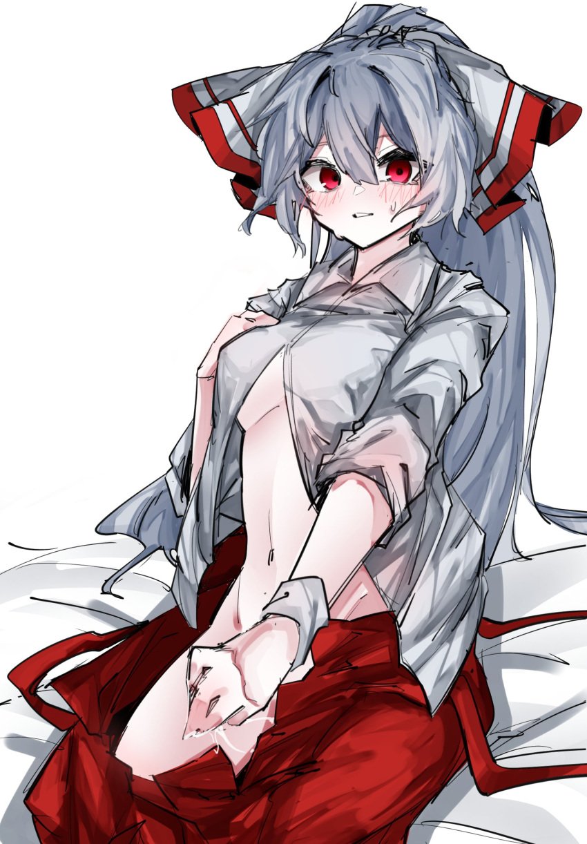 1girls blush fujiwara_no_mokou looking_at_viewer masturbation sweat tagme touhou vivo_(vivo_sun_0222)