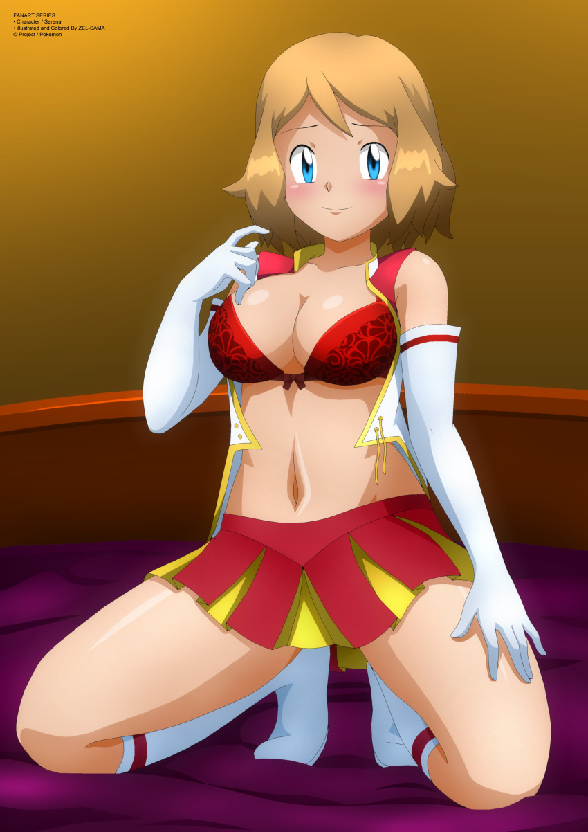 blonde blonde_female blonde_hair blue_eyes blush blushing dress game_freak gloves hand_on_thigh hand_on_thighs hands_on_thighs long_gloves looking_at_viewer nintendo pokemon pokemon_xy red_bra serena_(pokemon) skirt smile smiling staring_at_viewer upskirt zel-sama