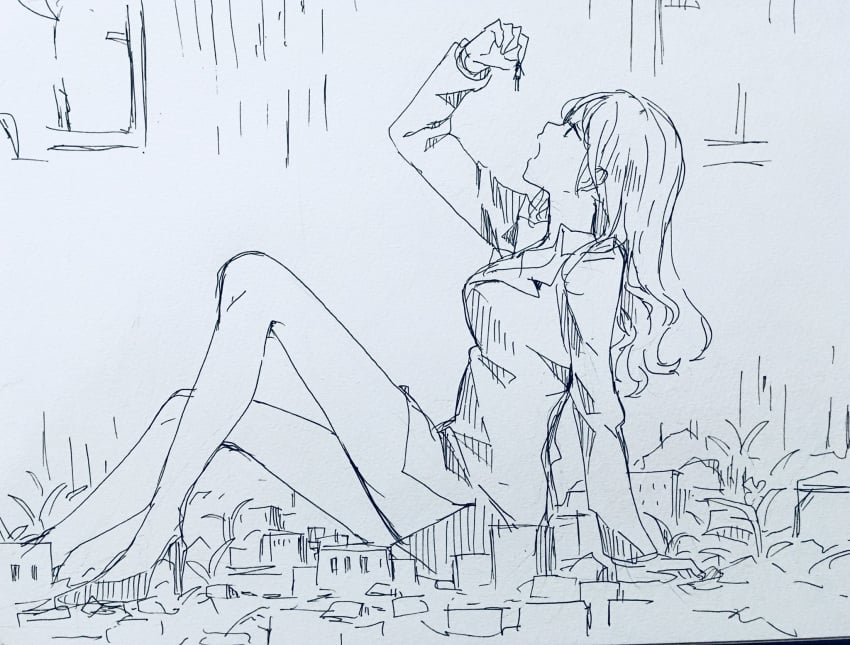 anime_style city cityscape copyright_request drawing eyes_open fingers giantess hands long_hair macrophilia open_mouth shrink shrinking shrunk sketch tiny_person twitter vore