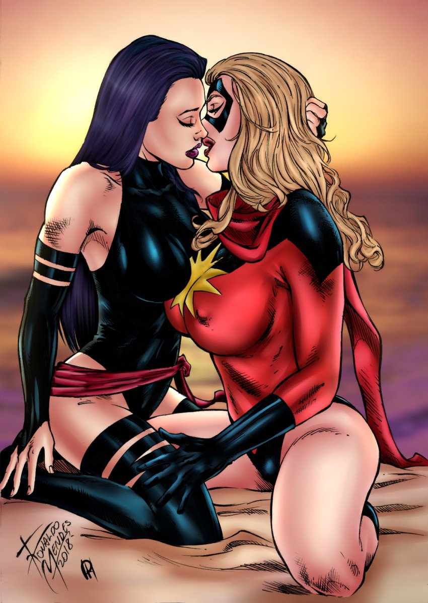 2girls blonde_hair carol_danvers female female_only kissing leotard marvel marvel_comics mask ms._marvel ms._marvel_(carol_danvers) psychedelicheroin psylocke ronaldo_mendes straight_hair superheroine tagme x-men yuri