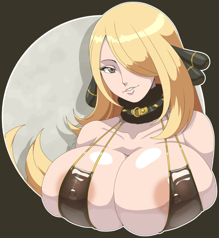 1girls areolae big_areola big_breasts big_nipples black_eyes blonde_hair breast_focus breasts cleavage cynthia_(pokemon) erect_nipples female female_only game_freak hair hair_ornament hair_over_one_eye huge_breasts long_hair mature mature_female mature_woman neckwear nipple_slip pokemon pokemon_dppt scittykitty solo solo_female topwear