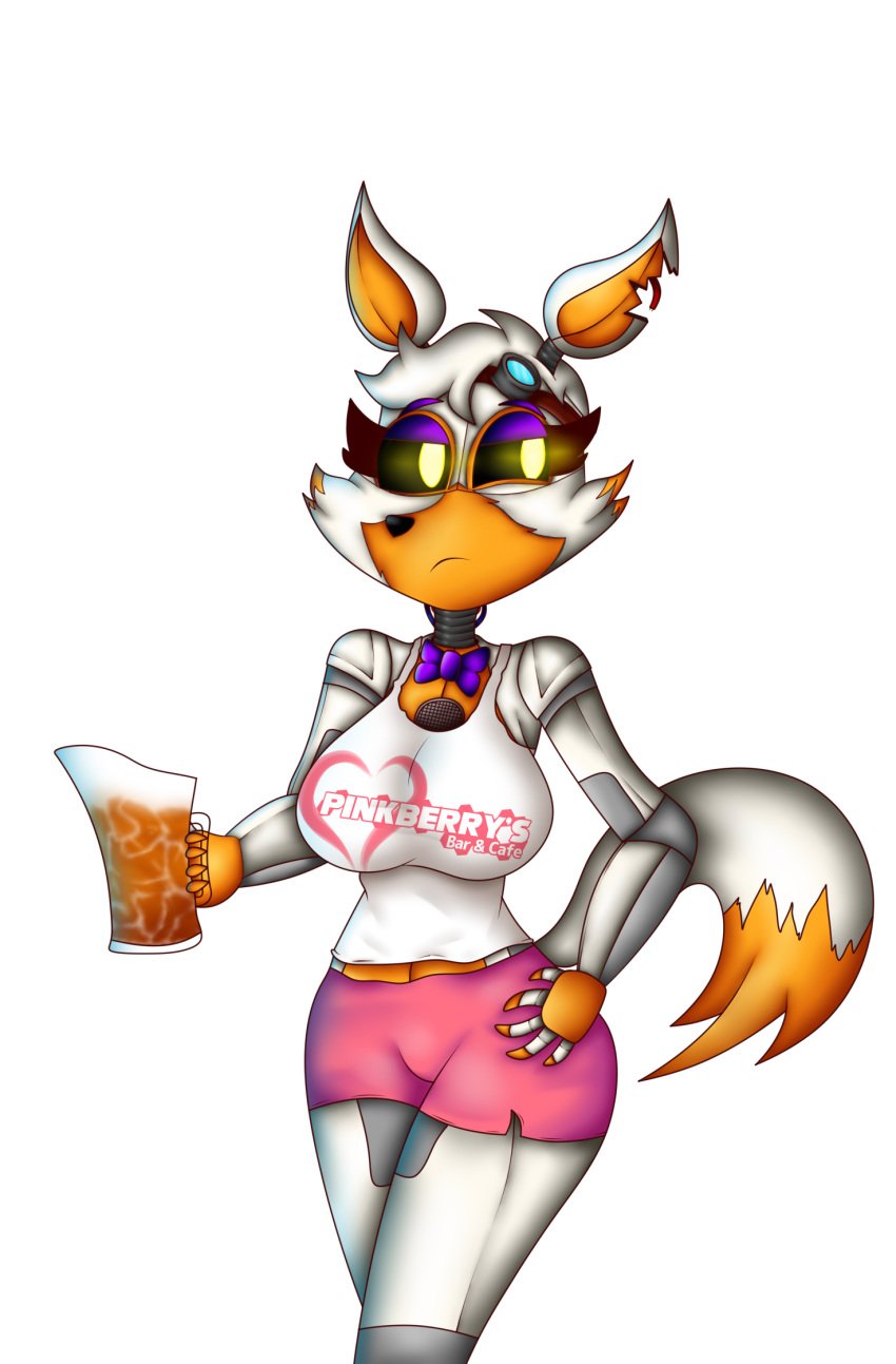 1girls allysushie4 animatronic animatronics arms_up ass big_ass big_breasts breasts collaboration five_nights_at_freddy's five_nights_at_freddy's:_sister_location fnaf furry hooters hooters_uniform legs lolbit_(fnaf) lortbit original_character pink_panties robot robot_ears robot_girl robot_humanoid solo tail white_background white_body white_tail yellow_eyes