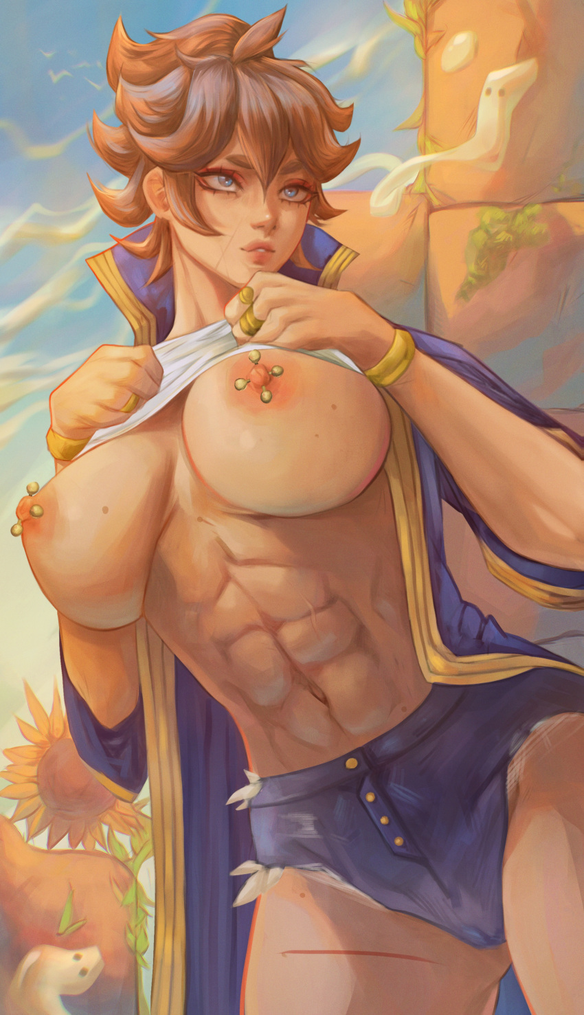 1girls 2d 2d_(artwork) abs big_breasts black_clover blue_eyes blushedarts eyeshadow female female_only large_breasts mereoleona_vermillion nipple_piercing nipples orange_hair piercing shirt_lift short_hair shorts solo solo_female toned_female