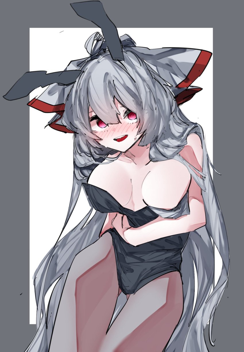 blush bunnysuit fujiwara_no_mokou looking_at_viewer open_mouth swirly_eyes tagme touhou vivo_(vivo_sun_0222)