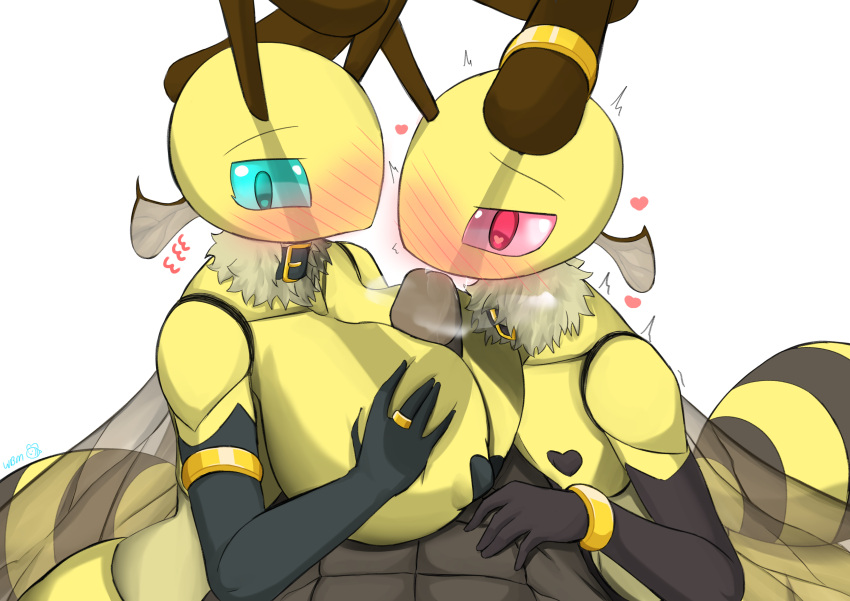 <3_eyes abs absurd_res antennae_(anatomy) anthro armwear arthropod arthropod_abdomen bee big_breasts biped black_body blue_eyes blush bracelet breast_play breasts breath_cloud brown_penis choker clothing elbow_gloves erection fellatio female finger_ring genitals gloves group hand_on_breast handwear heart hi_res human hymenopteran insect_wings insects jewelry looking_at_viewer male male/female male/male mammal mercury_(woebeeme) neck_tuft necklace oral paizuri pasties penile penis pluto_(woebeeme) red_eyes sex shaking simple_background text titfuck titjob trembling trio tuft watermark white_background wings woebeeme yellow_body