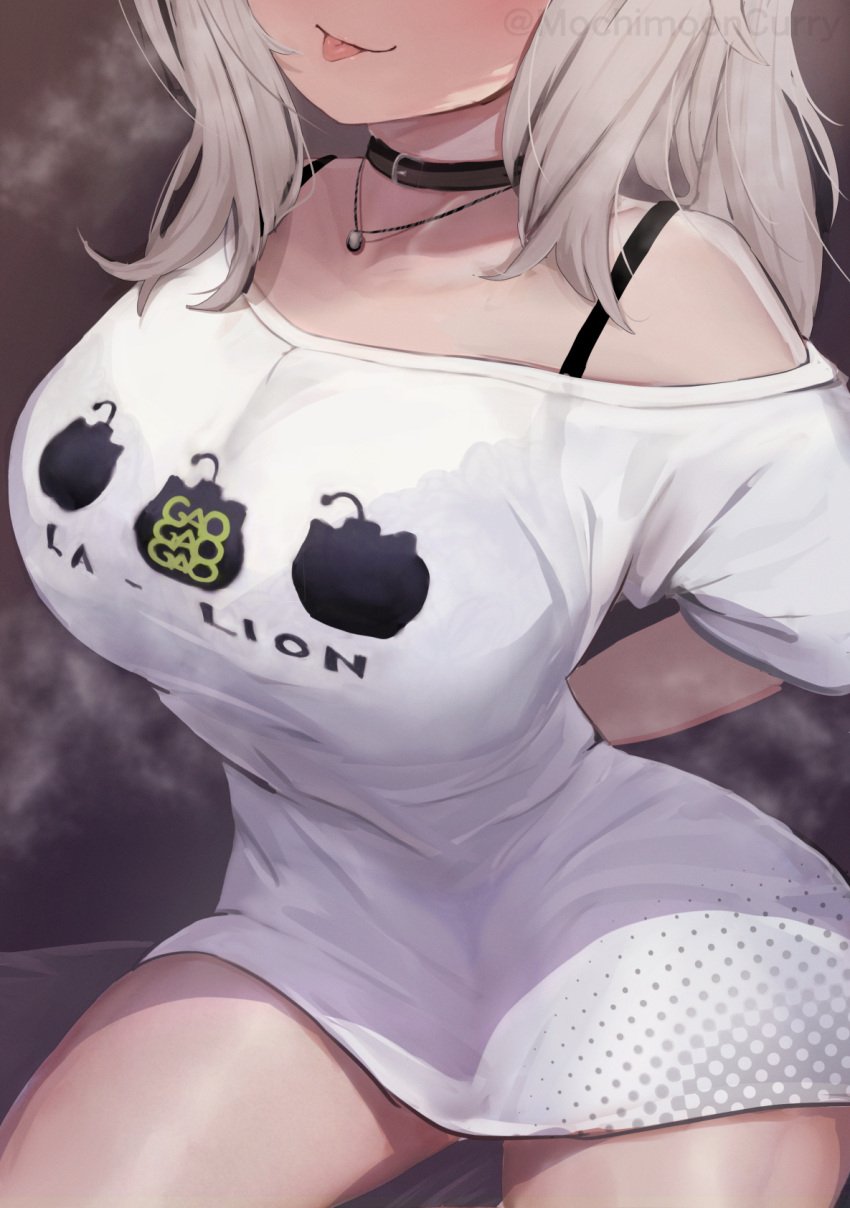 1girls 2022 bra bra_visible_through_clothes breasts eyes_out_of_frame fan_mascot_(vtuber) female female_only hips hololive hololive_gen_5 hololive_japan huge_breasts light-skinned_female light_skin long_hair mochimooncurry mochitsuki_karen naughty_face playful_smile shishiro_botan slim_waist smile ssrb suggestive_look thick_thighs thighs tongue tongue_out virtual_youtuber white_hair wide_hips