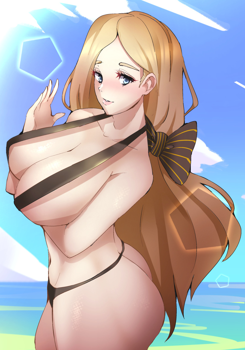 1340smile 1girls alternate_outfit arm_under_breasts ass background beach big_ass big_breasts bikini black_bikini black_swimsuit blonde_hair blue_eyes breasts female female_only fire_emblem fire_emblem:_three_houses hair_ornament highres intelligent_systems large_ass large_breasts lips long_hair looking_at_viewer mercedes_von_martritz nintendo ocean outdoors ponytail revealing_clothes sea sideboob sky sling_bikini solo sunny thick_thighs