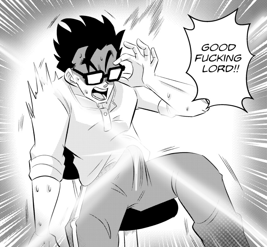 comic dragon_ball dragon_ball_super dragon_ball_super_super_hero dragon_ball_z erection funny funsexydragonball glasses glowing_genitalia huge_erection meme monochrome shounen_jump solo son_gohan speech_bubble