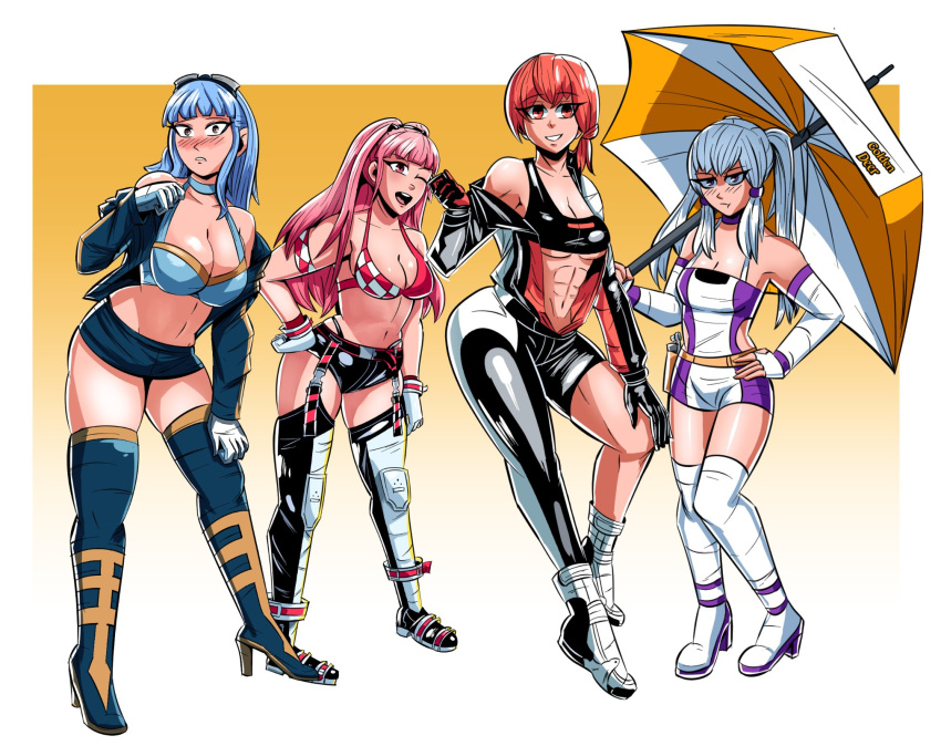 2022 4girls abs alternate_costume alternate_hairstyle arktoons background bare_midriff blue_hair breasts cleavage female female_only fire_emblem fire_emblem:_three_houses goggles goggles_on_head group high_heels highres hilda_valentine_goneril intelligent_systems jacket large_breasts leonie_pinelli long_hair looking_at_viewer lysithea_von_ordelia marianne_von_edmund midriff multiple_girls muscular muscular_female nintendo one_eye_closed orange_hair parasol pink_hair race_queen racing_suit six_pack small_breasts stockings tank_top thick_thighs thighhighs twintails white_hair