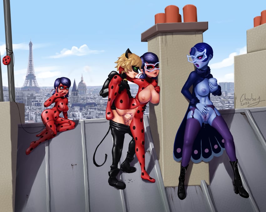 1boy 3girls adrien_agreste against_wall blue-skinned_female blue_skin cat_noir caught_in_the_act chouboy erect_nipples erect_nipples_under_clothes female garter_straps human ladybug_(character) light-skinned_female light-skinned_male light_skin male marinette_cheng marinette_dupain-cheng masturbating_while_watching masturbation mayura miraculous_ladybug nathalie_sancoeur penis rooftop rooftop_sex straight tagme vaginal_insertion vaginal_penetration vaginal_sex