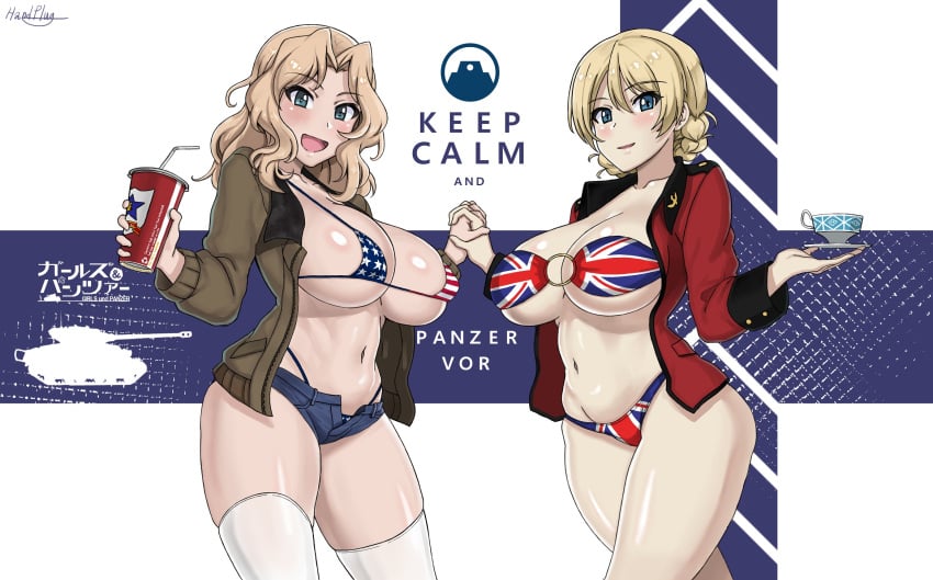 2girls american_flag_bikini big_breasts bikini blonde_hair blue_eyes braided_hair breasts darjeeling denim_shorts female_only girls_und_panzer handplug happy holding_hands hot_pants kay_(girls_und_panzer) large_breasts looking_at_viewer micro_bikini_top midriff military_jacket navel open_clothes open_jacket open_mouth shiny_hair shiny_skin short_shorts shorts smile soda_cup stars_and_stripes stockings stomach tea_cup thick_thighs thong_bikini union_jack union_jack_bikini wallpaper white_stockings white_thighhighs