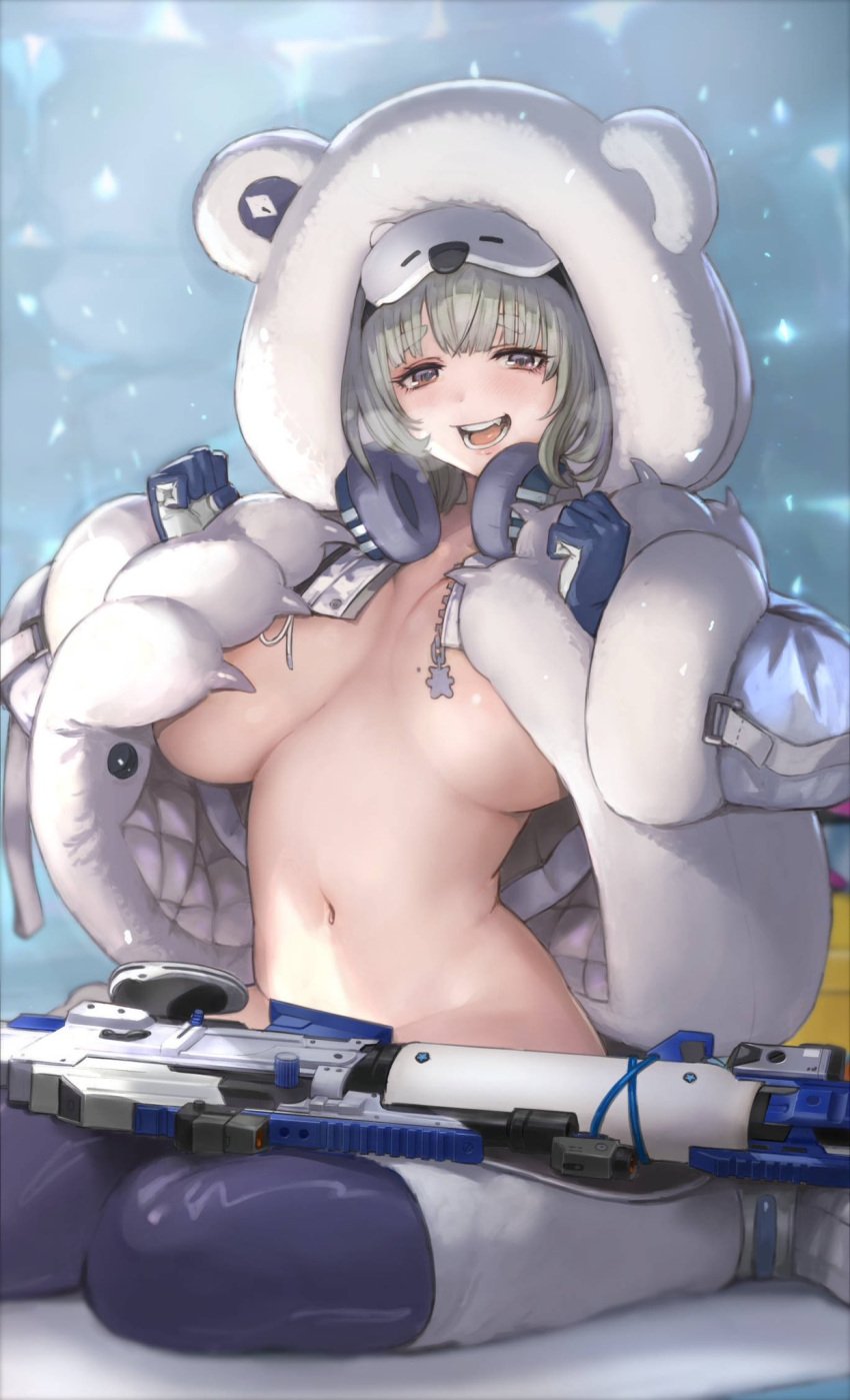 1girls animal_costume animal_hood bangs bear_costume bear_hood blush bodysuit breasts brown_eyes convenient_censoring female_only goddess_of_victory:_nikke grey_hair gun headphones headphones_around_neck hood hoodie huge_breasts light-skinned_female light_skin looking_at_viewer lukapiaxxx mole mole_on_breast naked_hoodie navel neve_(nikke) no_bra open_bodysuit open_clothes open_mouth sitting sleep_mask smile solo stomach topless underboob wariza weapon white_footwear