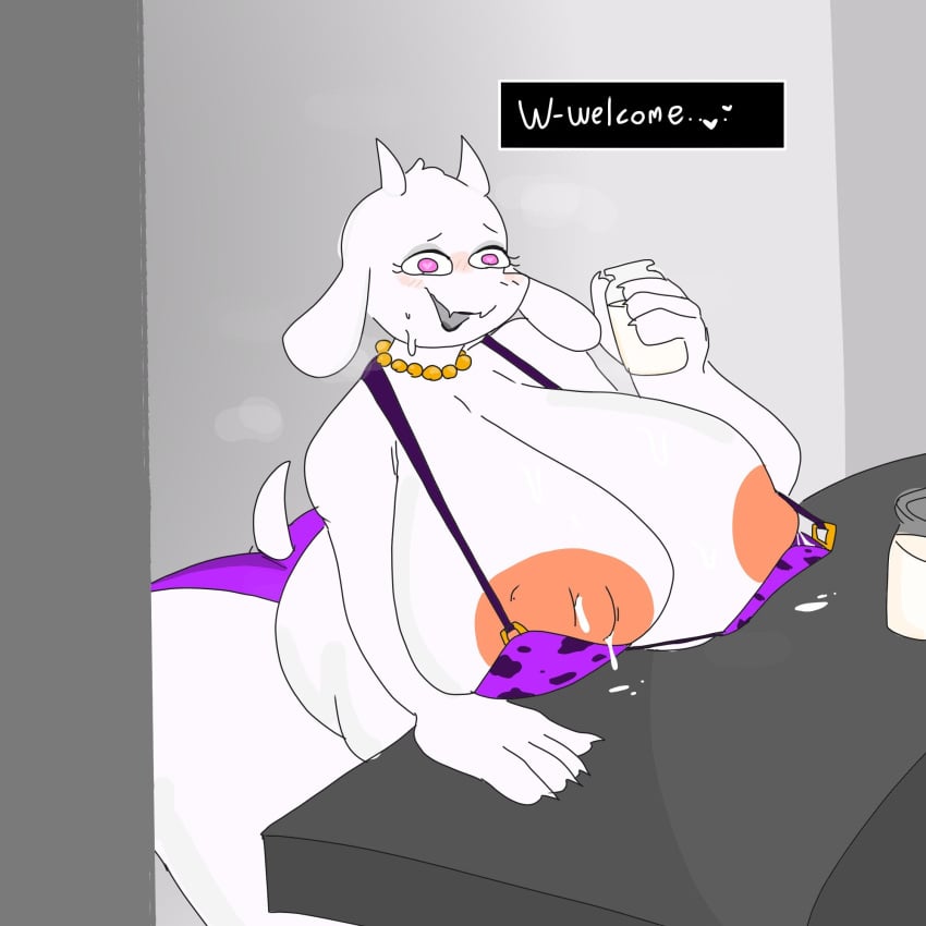 1girls 2d bra breasts collar english_text errorplush female female_only lactation lipstick milf milk nipples solo talking text toriel undertale undertale_(series)