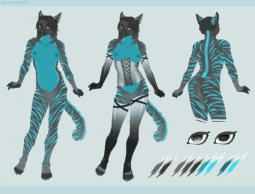 anthro blue_body blue_fur breasts clothing corset felid feline female female_focus female_only fur grey_eyes kess_windpaw lingerie looking_at_viewer mammal markings nipples original original_character pantherine presenting pussy reference_guide rubber rubber_clothing smile solo striped_markings stripes teasing tiger tigress_(disambiguation) topwear xngfng95