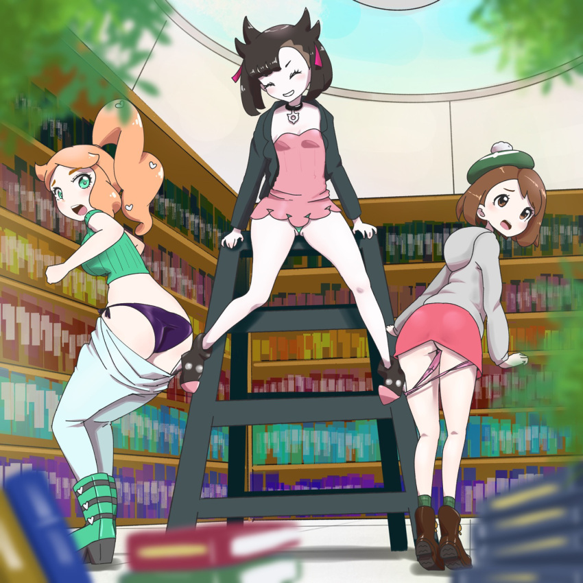 3girls assisted_exposure female female_only gloria_(pokemon) human human_only marnie_(pokemon) microsd_(artist) multiple_girls nintendo orange_hair pantie_pull panties pokemon pokemon_ss ponytail sonia_(pokemon) thick_thighs upskirt yuri