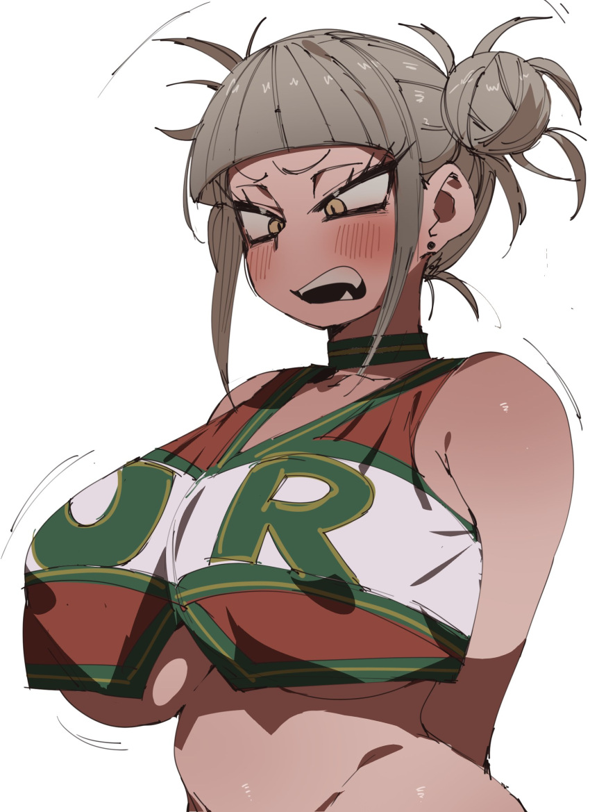 1girls 2022 big_breasts blonde_hair blush breasts cheerleader cheerleader_uniform coffing_(artist) double_bun female himiko_toga my_hero_academia solo solo_female standing u.a._cheerleader_outfit upper_body white_background yellow_eyes