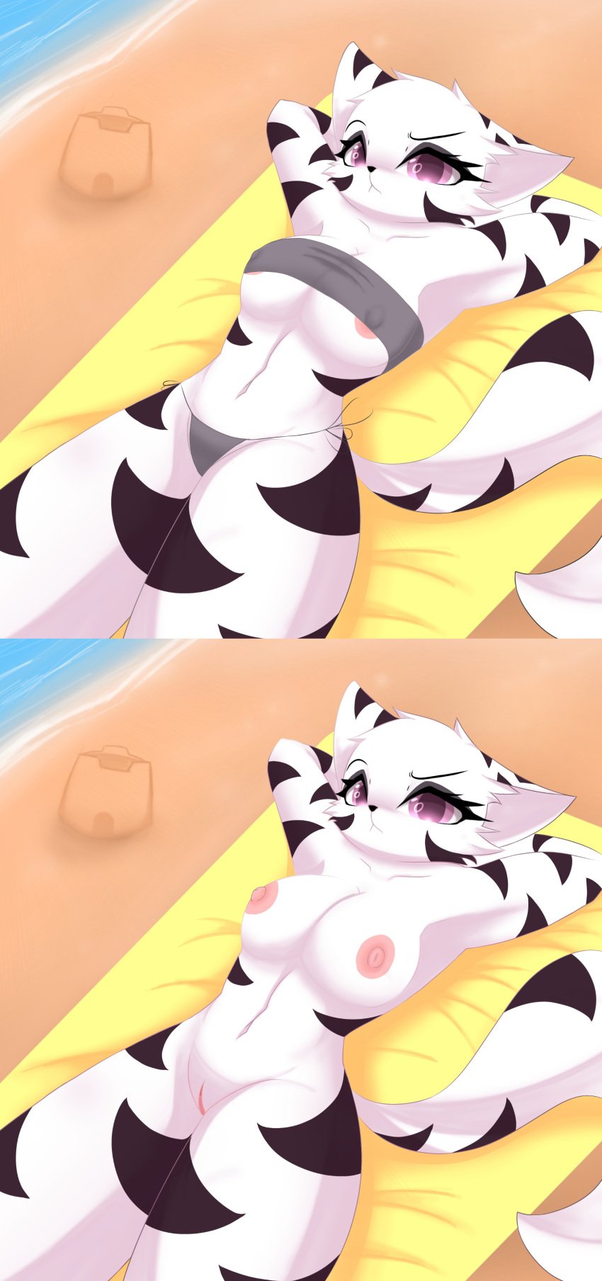 absurd_res annoyed_expression anthro beach black_highlights breasts clothing felid female fur hi_res highlights_(coloring) mammal nipple_slip panties sand_castle sculpture seaside solo topwear tube_top tundra_(stellar_tundra) underwear white_body white_fur yellow_towel zayjoy1