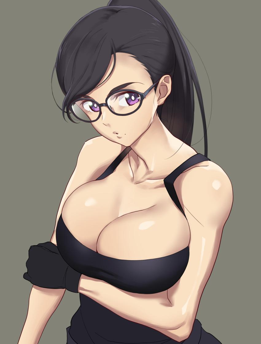 asian asian_female beauty_mark black_hair cleavage eyewear female glasses gloves large_breasts light-skinned_female light_skin long_hair looking_at_viewer minakata_hizuru mole mole_under_mouth ponytail purple_eyes shirt summer_time_render summertime_render violet_eyes