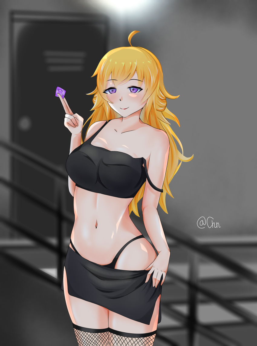 1girls ahoge black_lingerie blonde_hair condom escort fishnets hooker long_hair prostitute purple_eyes rwby streetwalker violet_eyes yang_xiao_long yuuotosaka829