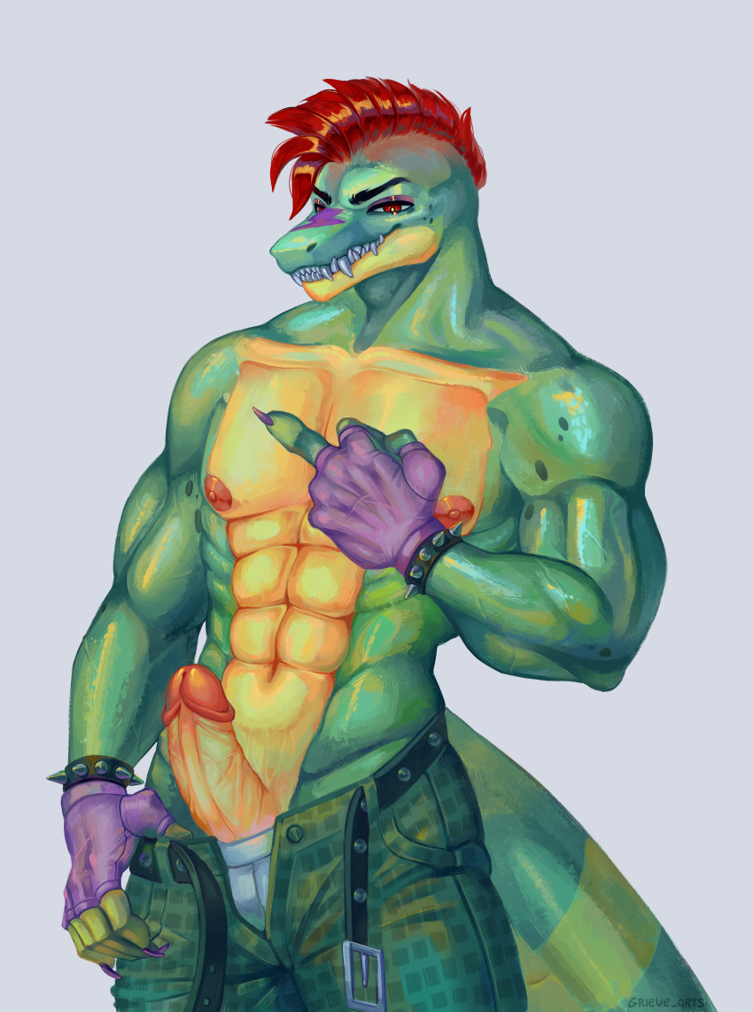 2022 abs alligator alligatorid anthro belt biceps boner boxers_(clothing) bracelet claws clothed clothing coffeenut crocodile crocodilian crocodylid digital_drawing_(artwork) digital_media_(artwork) erect_penis erection facepaint fangs fingerless_gloves five_nights_at_freddy's five_nights_at_freddy's:_security_breach foreskin gloves green_body green_skin hi_res humanoid humanoid_genitalia humanoid_penis male_only middle_finger montgomery_gator_(fnaf) muscle muscular_anthro muscular_arms muscular_male nipples pants pants_down pants_open partially_clothed red_eyes red_hair reptile retracted_foreskin sharp_teeth shoulder_pads simple_background smile solo solo_anthro solo_focus solo_male spiked_bracelet tail teeth thick_tail two_tone_body two_tone_skin two_tone_tail video_games