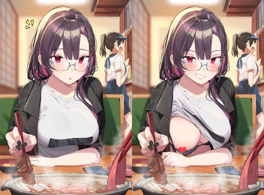 2girls apron black-haired_girl_(motto_notto) black_bra bra bra_pull busty chopsticks female flashing flashing_breasts food glasses heart heart_censor hi_res hot_pot instant_loss_2koma long-haired_girl_(motto_notto) looking_at_viewer motto_notto naughty_face nerd nerdy_female one_breast_out original pink_eyes pink_hair pov public public_exposure public_indecency restaurant shirt_lift sitting smile smug table teasing teasing_viewer white_shirt