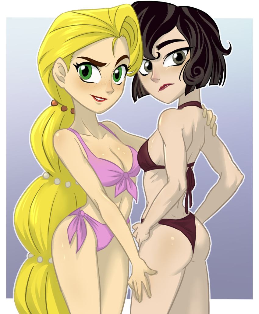 2girls artist_request bikini black_hair blonde_female blonde_hair blush braided_hair cassandra_(tangled) centinel303 disney disney_channel freckles green_eyes hands_on_hips long_blonde_hair long_hair navel olive_eyes pale_skin rapunzel red_lipstick short_black_hair short_hair simple_background tangled tangled:_the_series toned_stomach yuri