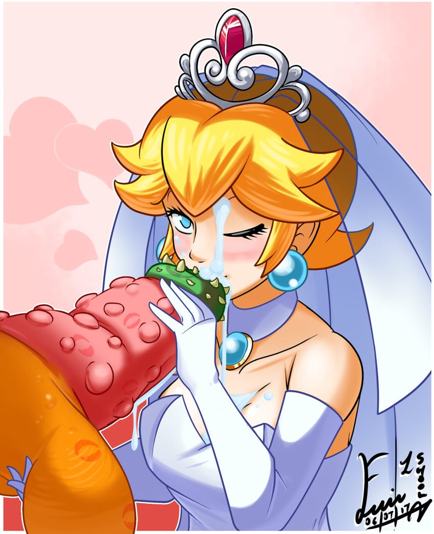 1boy bangs bare_shoulders blonde_hair blue_eyes blush border bowser breasts bridal_veil bride choker cleavage collarbone cum dated dress earrings elbow_gloves erection eyelashes facial female gloves highres huge_cock huge_testicles jewelry kissing_penis large_breasts lips lipstick lipstick_mark lipstick_on_penis makeup mario_(series) monster_cock nintendo nose one_eye_closed oral pendant_choker penis penis_grab pink_background pink_lips princess_peach shoolmail short_hair signature smile spiked_penis spikes strapless strapless_dress super_mario_odyssey testicle_grab testicles tiara veil wedding_dress wedding_peach_(super_mario_odyssey) white_border white_choker white_dress white_gloves