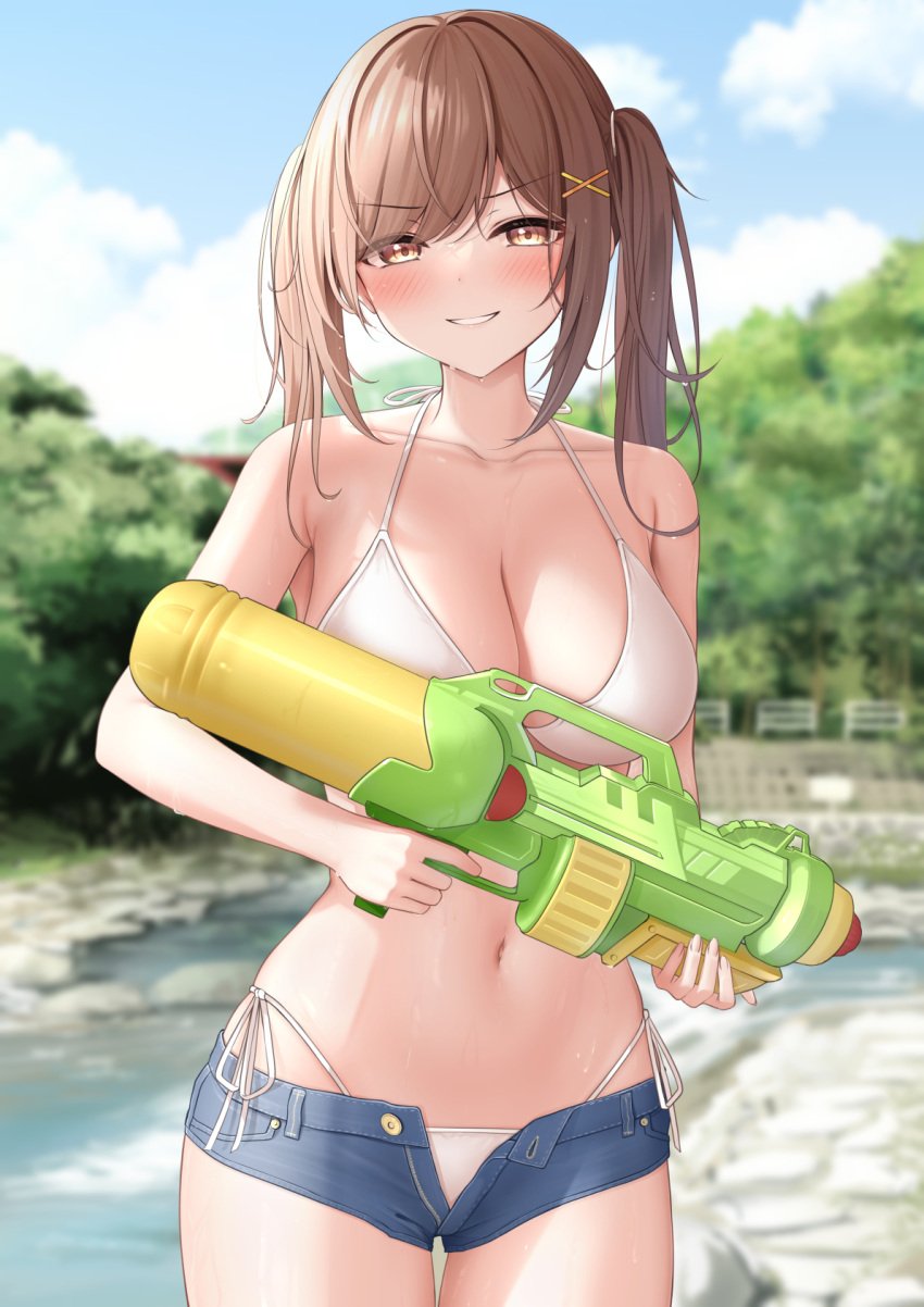 1girls amber_eyes bangs bikini blue_shorts blurry blurry_background blush breasts brown_eyes brown_hair cleavage collarbone commentary_request cowboy_shot day female hair_ornament highres holding holding_water_gun imouto-chan_(monaka_curl) large_breasts long_hair looking_at_viewer micro_shorts monaka_curl navel original outdoors parted_lips shorts side-tie_bikini_bottom solo swimsuit twintails water_gun white_bikini