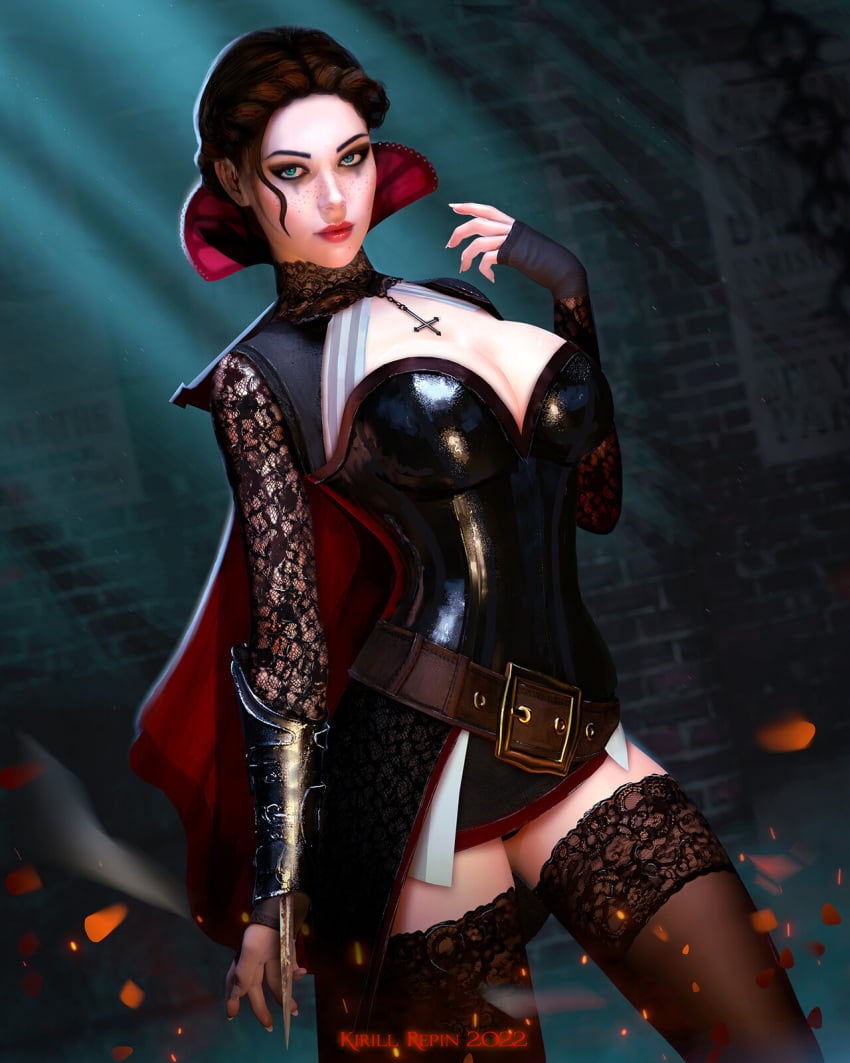 1girls 2022 absolute_territory alternate_costume alternate_version_available assassin's_creed_(series) assassin's_creed_syndicate belt belt_buckle black_hair blue_eyes braided_hair british brown_hair cape clevage corset cross_necklace dutch_angle european evie_frye eyeshadow female female_only freckles goth goth_girl gothic gothified hidden_blade human human_only kirill_repin lace-trimmed_panties light-skinned_female light_skin mascara medium_hair necklace northern_european pale pale-skinned_female pale_skin panties red_lipstick revealing_clothes runny_makeup seductive_eyes seductive_look seductive_mouth skinny slim solo tagme tied_hair ubisoft victorian_era weapon white_skin zettai_ryouiki