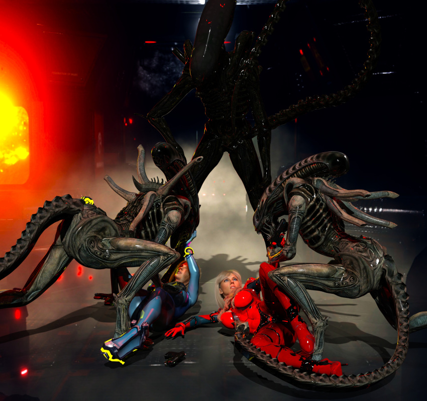 3d agent_26 blonde_hair blue_eyes fight fighting gun metroid samus_aran scared that3dartist xenomorph