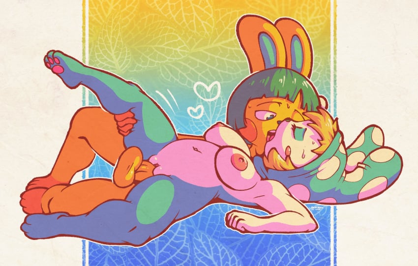 animal_crossing anthro balls blonde_hair breasts clothing digital_media_(artwork) duo female female_penetrated francine_(animal_crossing) fur genitals green_hair hair headgear headwear hi_res kissing lagomorph leporid lying male male/female male_penetrating male_penetrating_female mammal nintendo on_side onihidden penetration penis pussy rabbit sanrio sex toby_(animal_crossing) vaginal_penetration video_games yellow_body yellow_fur