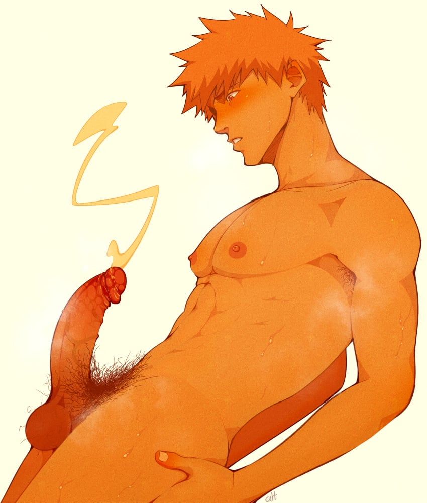 1boy alterinku bleach cum cum_shot erection ichigo_kurosaki male male_only penis proud_of_his_cock pubic_hair solo steam sweat testicles uncensored white_background