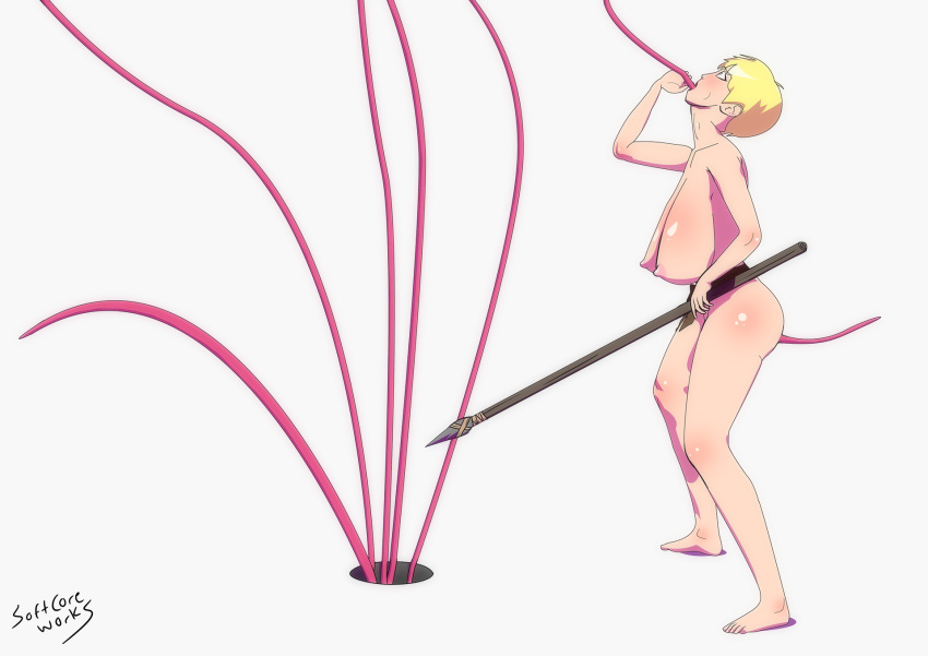 1girls all_the_way_through big_breasts blonde_hair fellatio female functionally_nude gigantic_breasts jungle_girl loincloth pale_skin rape softcore_works spear surprised tagme tentacle weapon