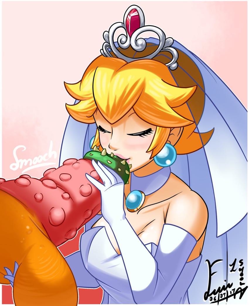 1boy bangs bare_shoulders blonde_hair border bowser breasts bridal_veil bride choker cleavage closed_eyes cock_marriage collarbone dated dress earrings elbow_gloves english_text erection eyelashes female gloves highres huge_cock huge_testicles jewelry kissing_penis large_breasts lips mario_(series) nintendo nose oral pendant_choker penis penis_grab pink_background pink_lips playing_penis_like_flute playing_skinflute princess_peach shoolmail short_hair signature smile sound_effects spiked_penis spikes strapless strapless_dress super_mario_odyssey testicle_grab testicles tiara veil wedding_dress wedding_peach_(super_mario_odyssey) white_border white_choker white_dress white_gloves