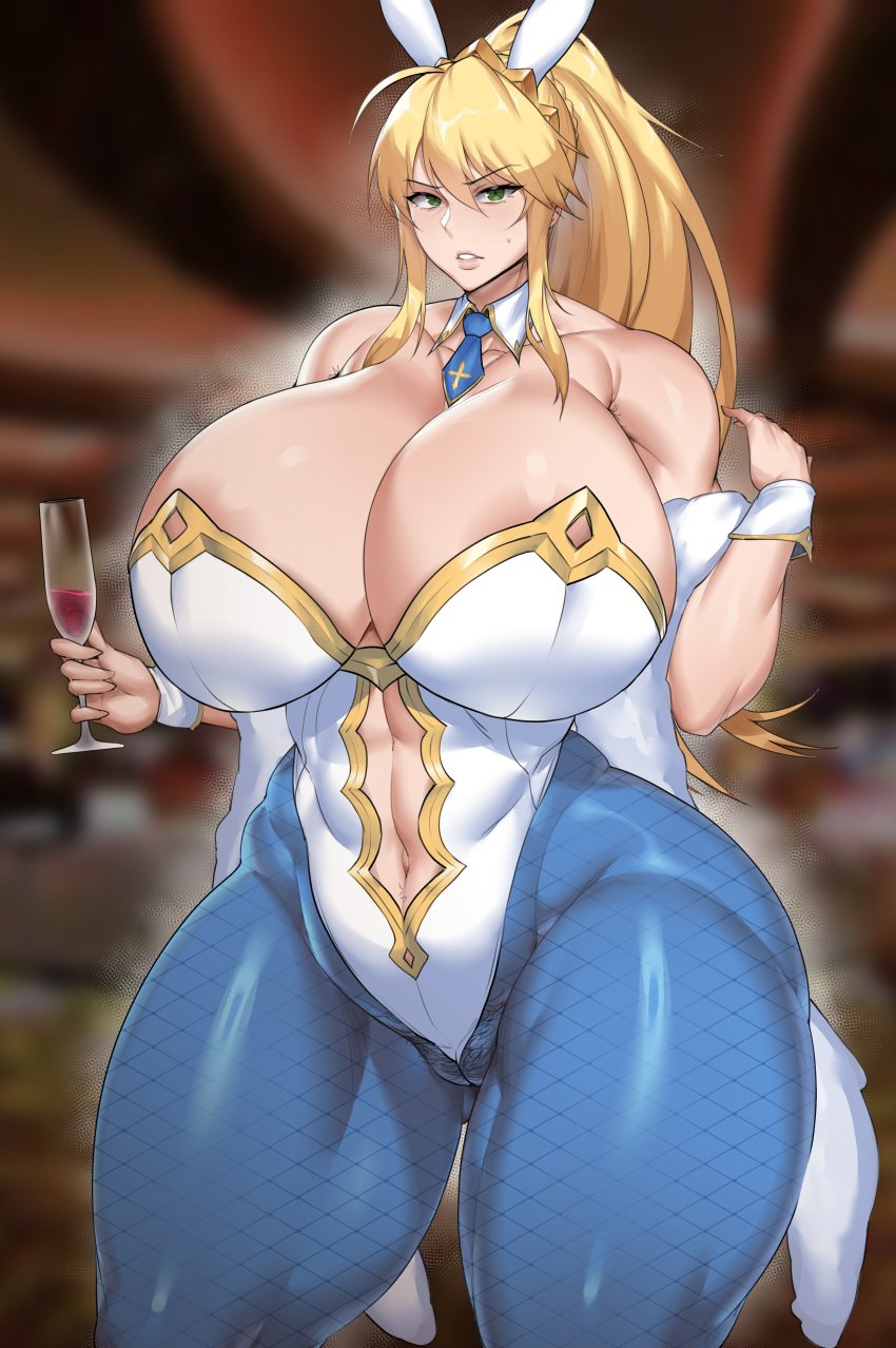 1girls areolae armor armored_boots artoria_pendragon artoria_pendragon_(lancer) blonde_hair breasts breasts_out bunny_ears bunnysuit fate/grand_order fate_(series) female green_eyes jewelry large_breasts leotard leotard_aside natedecock nipples pussy seductive