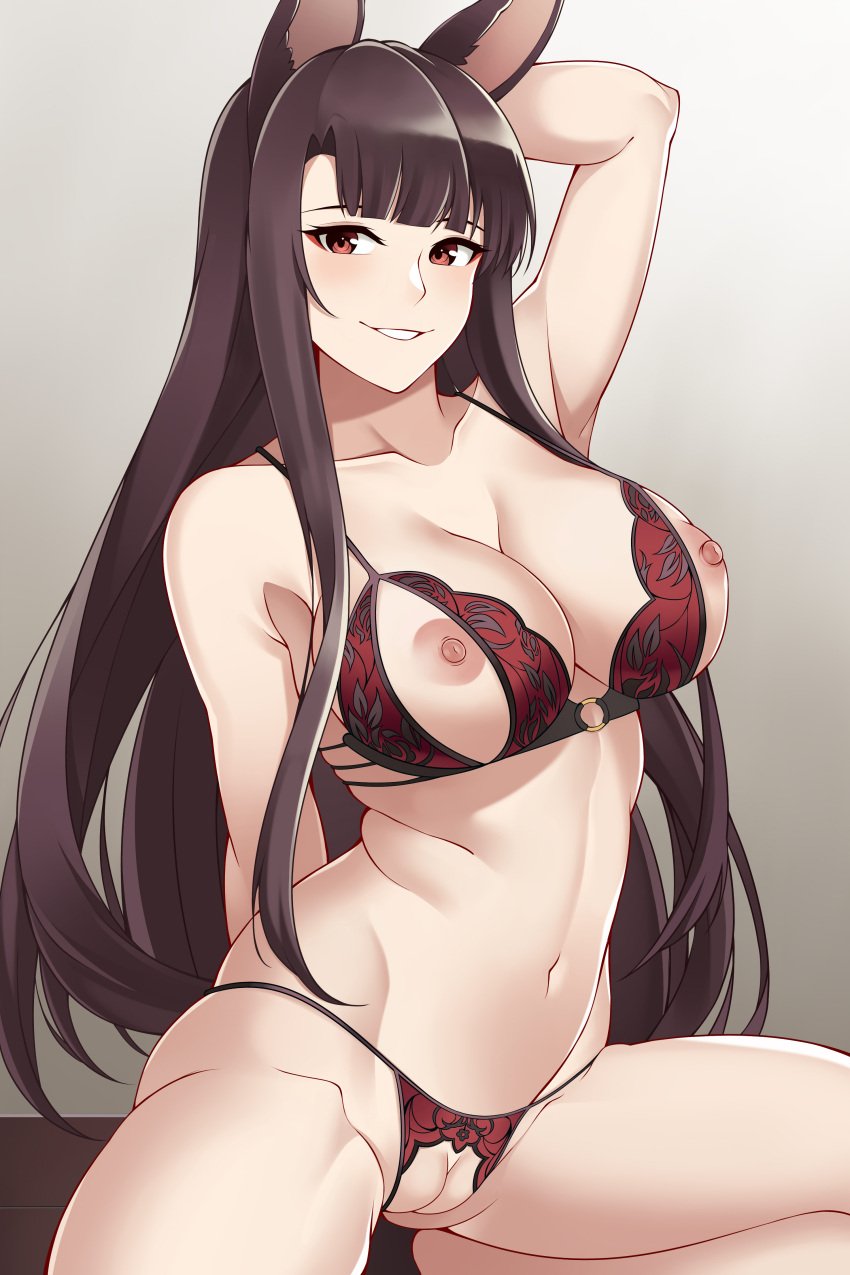 1girls akagi_(azur_lane) aslindsamure azur_lane bangs big_breasts breasts brown_hair canines censored censored_penis censored_pussy female female_focus solo