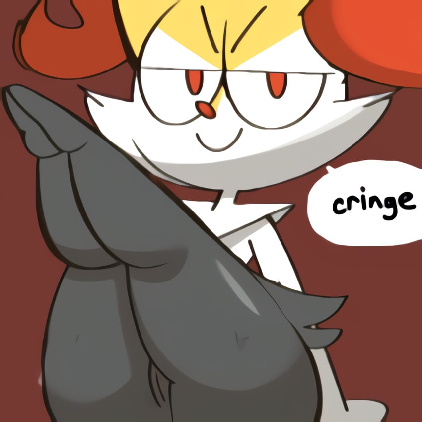 1girls black_legs black_pussy braixen cringe_dialogue no_humans pokémon_(species) pokemon pokemon_(species) red_fur shortstack simple_background speech_bubble text vilepluff white_fur yellow_fur